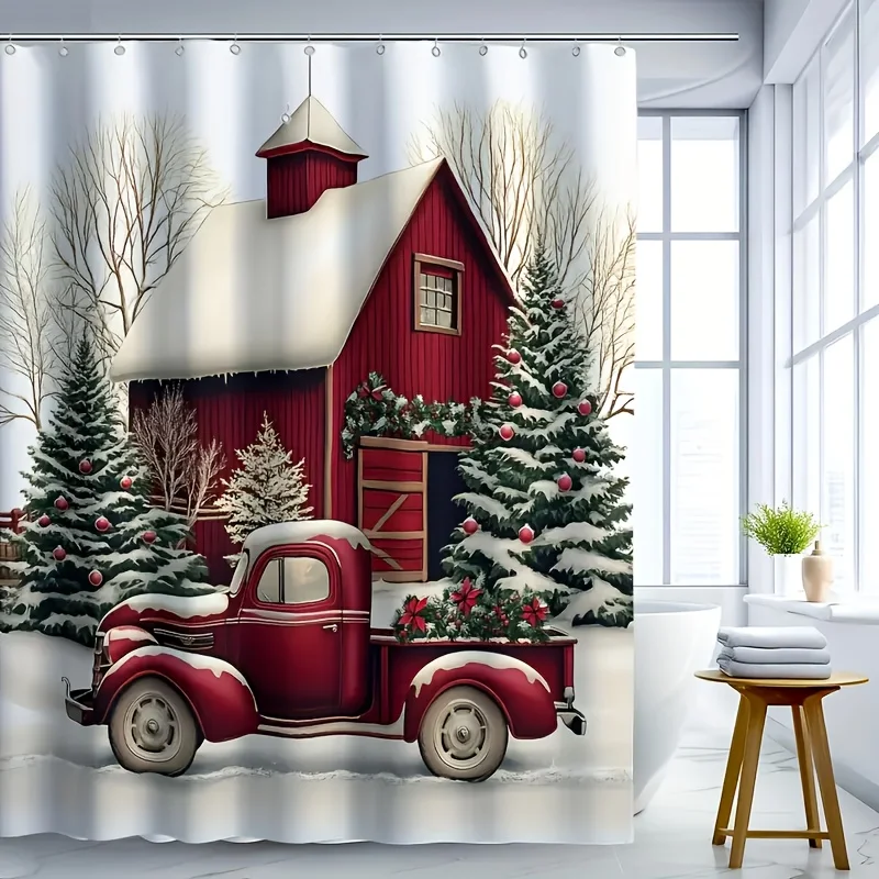 1pc Christmas-Themed Shower Curtain Featuring Elements Like Christmas Trees And Decorations, Creating a Warm And Joyful Holiday
