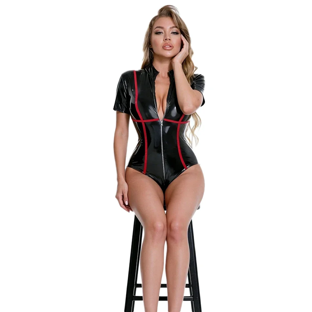Gothic PU Women Bodysuit Short Sleeve Oil Shiny Faux Leather Fashion Printing Stripe Tights Woman Nightclub Maid Shaping Leotard - view 3