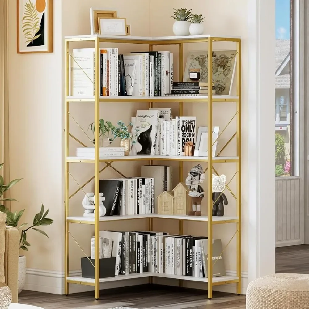 Corner Bookshelf Storage Box Large Display Rack Storage for Bedroom Assembly Shelf White& Gold Corner Shelf 5 Tier Bookcase