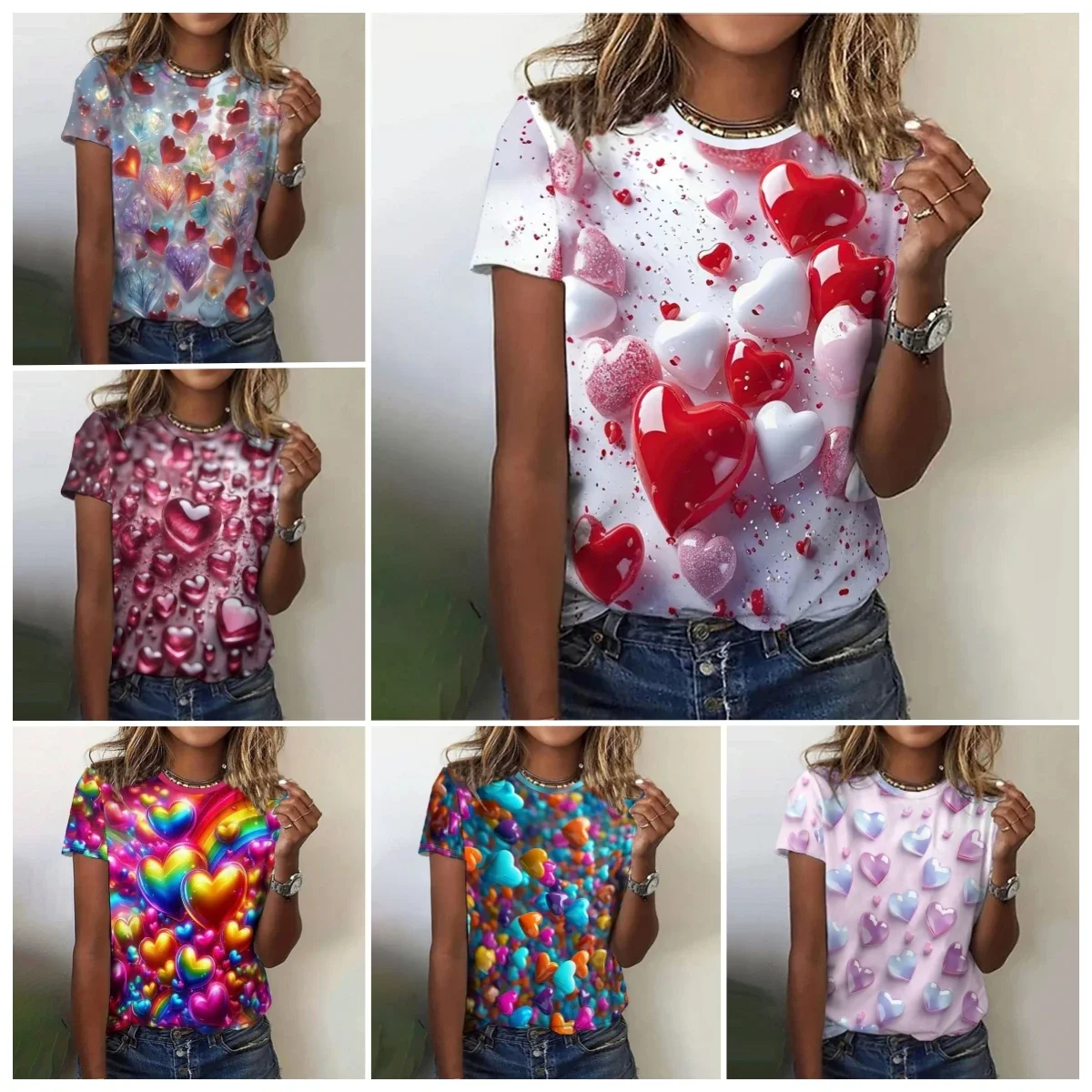 เสื้อยืดพิมพ์ลาย 3 มิติ ลายรัก เสื้อผ้าผู้หญิง ไซส์พลัส คอกลม แฟชั่นลำลอง เสื้อยืดแขนสั้นสำหรับใส่เที่ยวข้างนอก เสื้อผ้าผู้หญิง