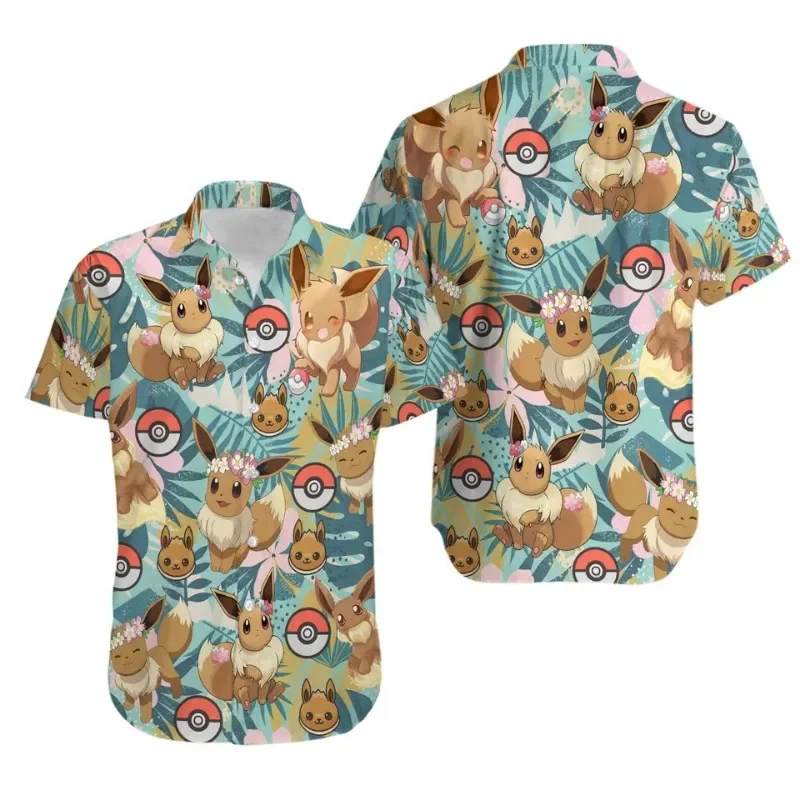 Pokemon Eevee Short Sleeve Hawaiian Shirts Men's Women's Kids Summer Casual Button Pikachu PKM Beach Shirts Tops