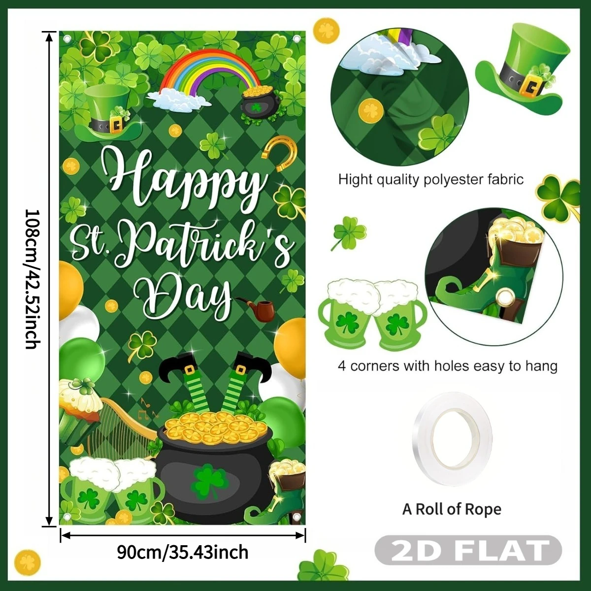 2D FLAT 1pc St. Patricks Day Party Door Banner Decor, Green Shamrock Irish Banner