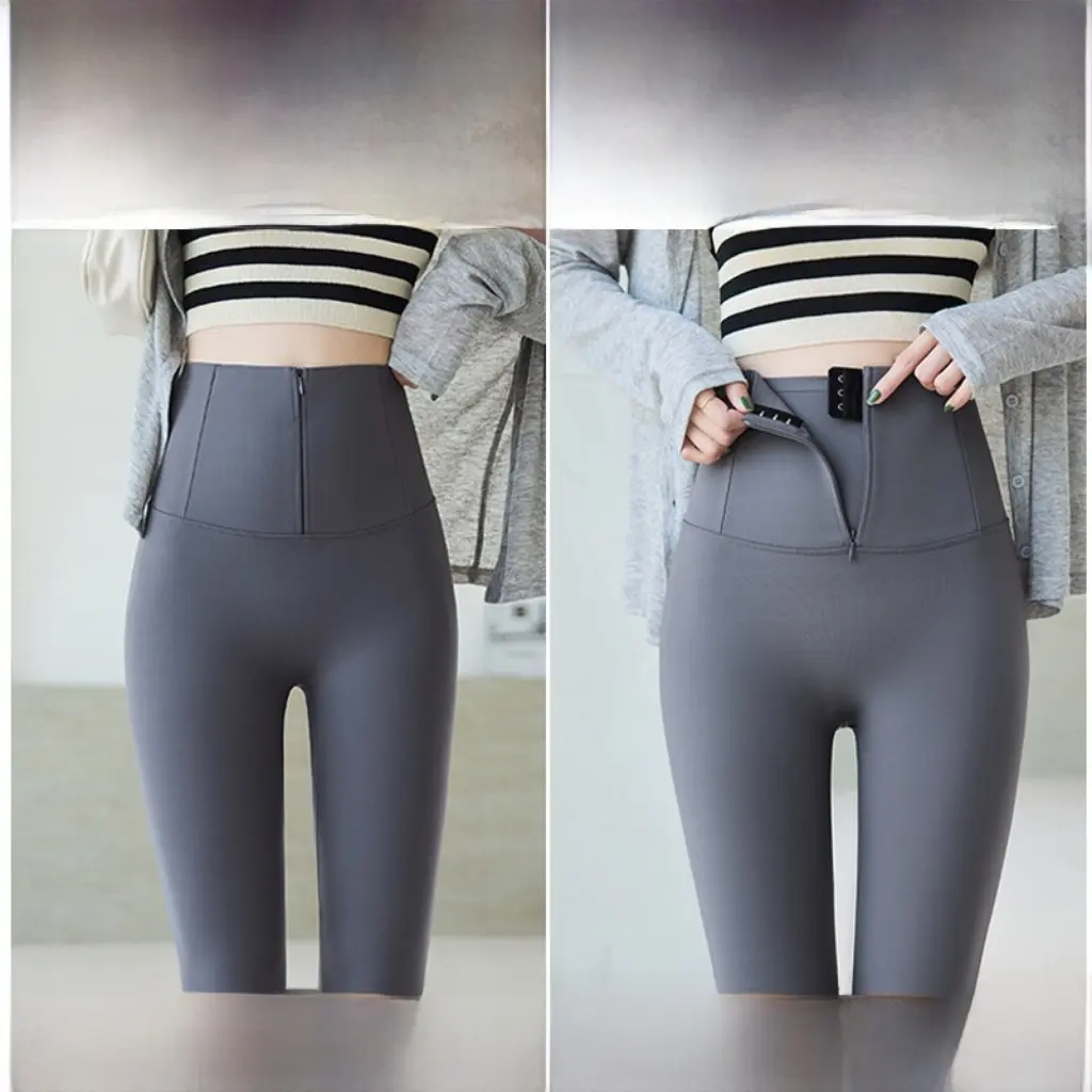 

Women's High Waist Fleece-Lined Yoga Pants Buttoned Tummy Control Shark Pants Thickened Autumn Winter Leggings Nine-Point Pants
