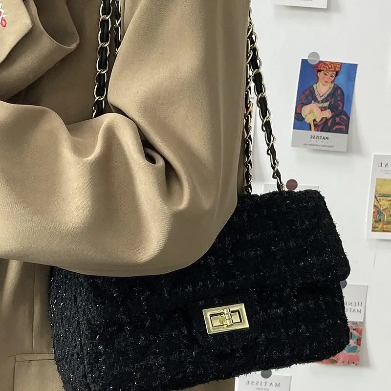 Female Shoulder Bags New Black Small Fragrant Wind Rhombic Lattice Chain Bag Lady Leisure Crossbody Bag Fashion Small Square Bag