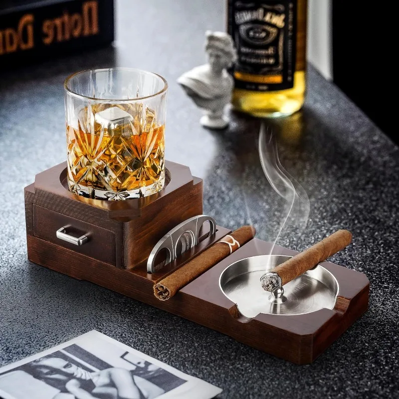 

Wooden Cigar Ashtray, Whiskey Glass Holder with Cigar Cutter, Steel Drawer, Men's Gift