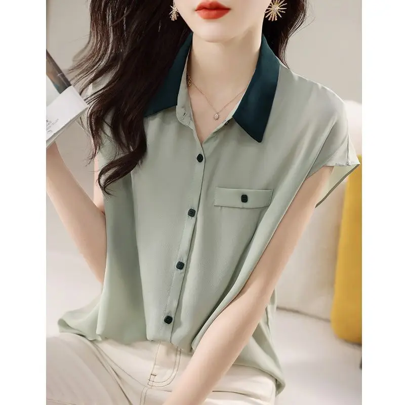 contrast color Polo-Neck chiffon Blouses short sleeve women\'s summer New Korean loose casual patchwork Single-breasted shirts