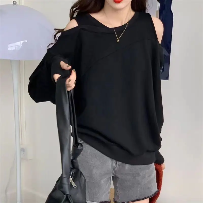 Grey Women Clothing Cotton Off Shoulder Top for 2024 Woman T-shirt Loose Spring and Autumn Tshirt Sale Simple Cheap Stylish Tee