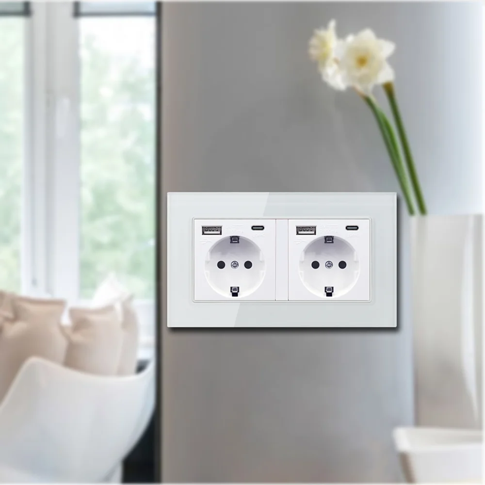 EIOMR EU Power Socket with USB for Phone Charge, Crystal Glass Panel AC 110~220V Standard Socket 146*86mm Multi Way Power Socket