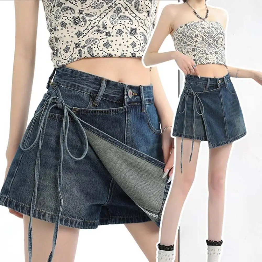 Lace-up A-line Skirt Shorts Wide Leg High Waist Fake Two-piece Skirt Spicy Girl Style Y2K Baggy Blue Jeans Skirt Spring Summer