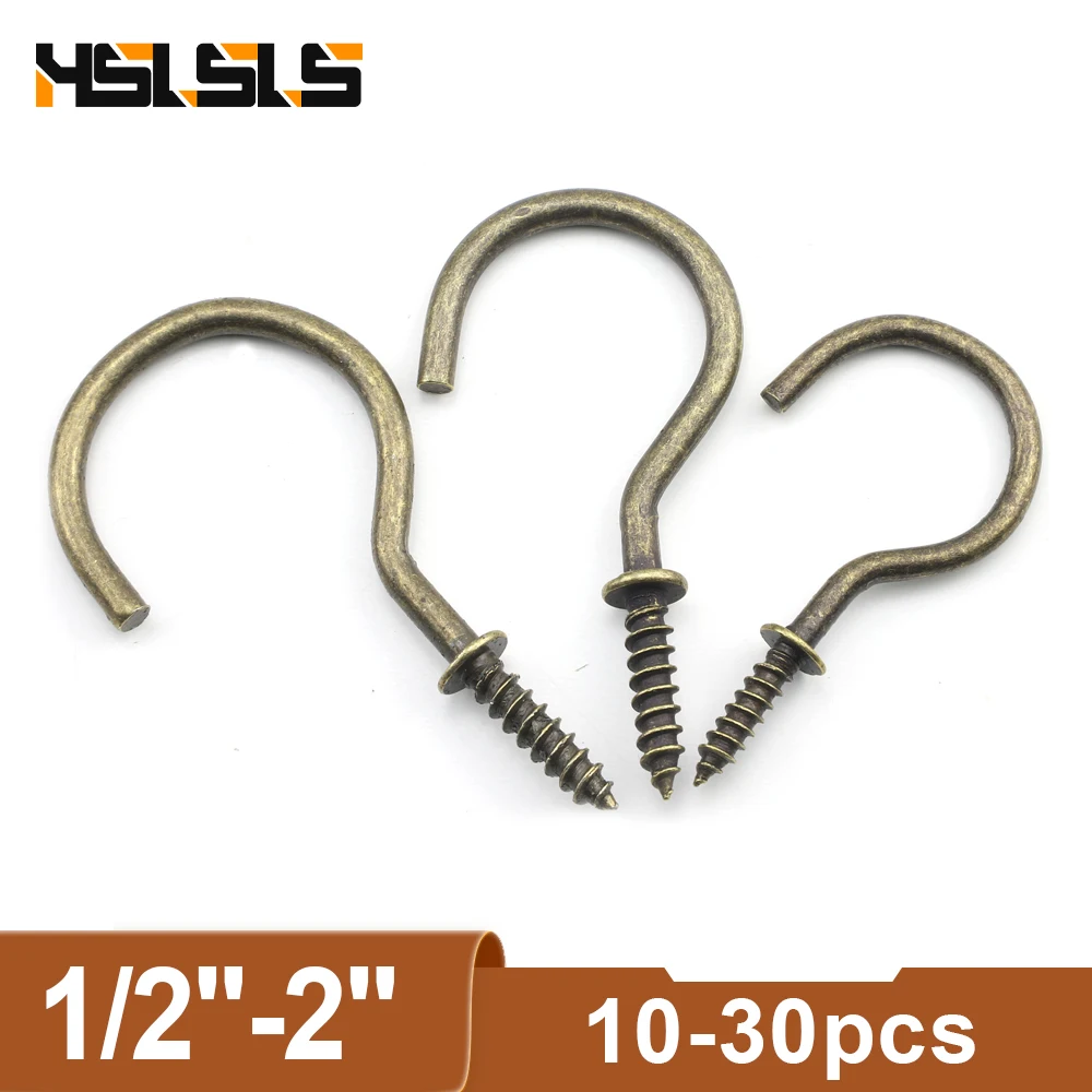 

HSLSLS 10-30pcs Bronze Cup Hook Screws 1/2"-2" Screw-in Hook Ceiling Tapping Screw Hook Carbon Steel Copper Plated