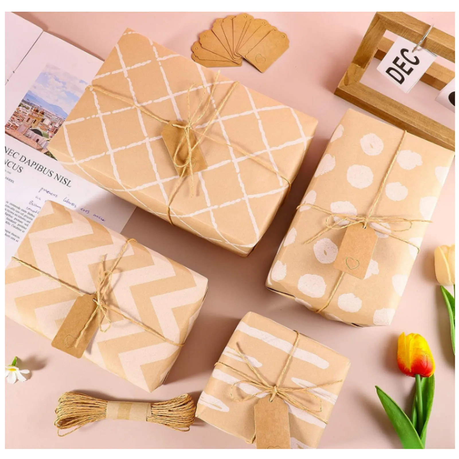 Wrapping Paper Set Multipurpose Environmentally Friendly Kraft Wrapping Paper Rolls With Tags For Birthday Wedding Gift