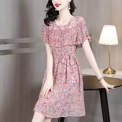 Elegant O-Neck Printed Spliced Ruffles Bandage Chiffon Floral Dress Women Clothing Summer New Loose Office Lady Mini Dress
