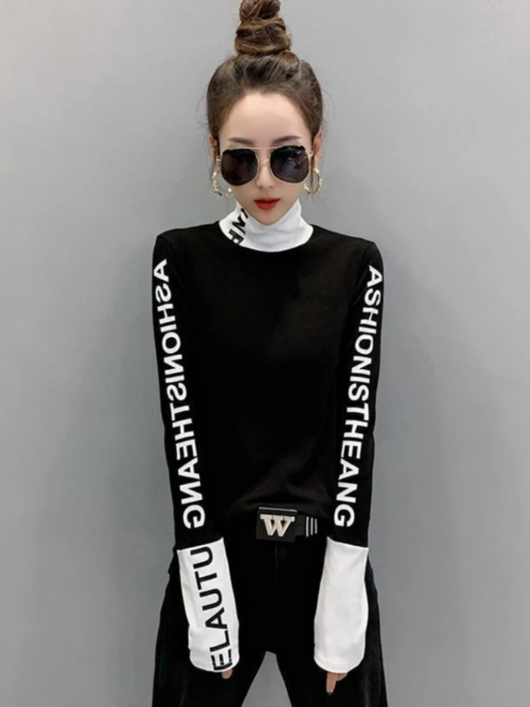 Clothing Warm Tee Yellow Top For Women With Print 2024 Turtleneck Woman T-shirt Offer High Quality Tshirt Causal Fitted Kpop O