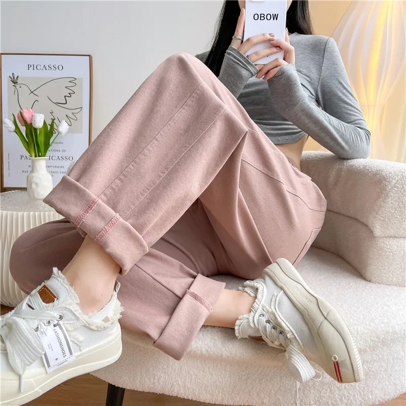 

Pink Jean Harem Trousers Women Autumn High Waist Loose Cooton Straight Pants Casual Wear 366