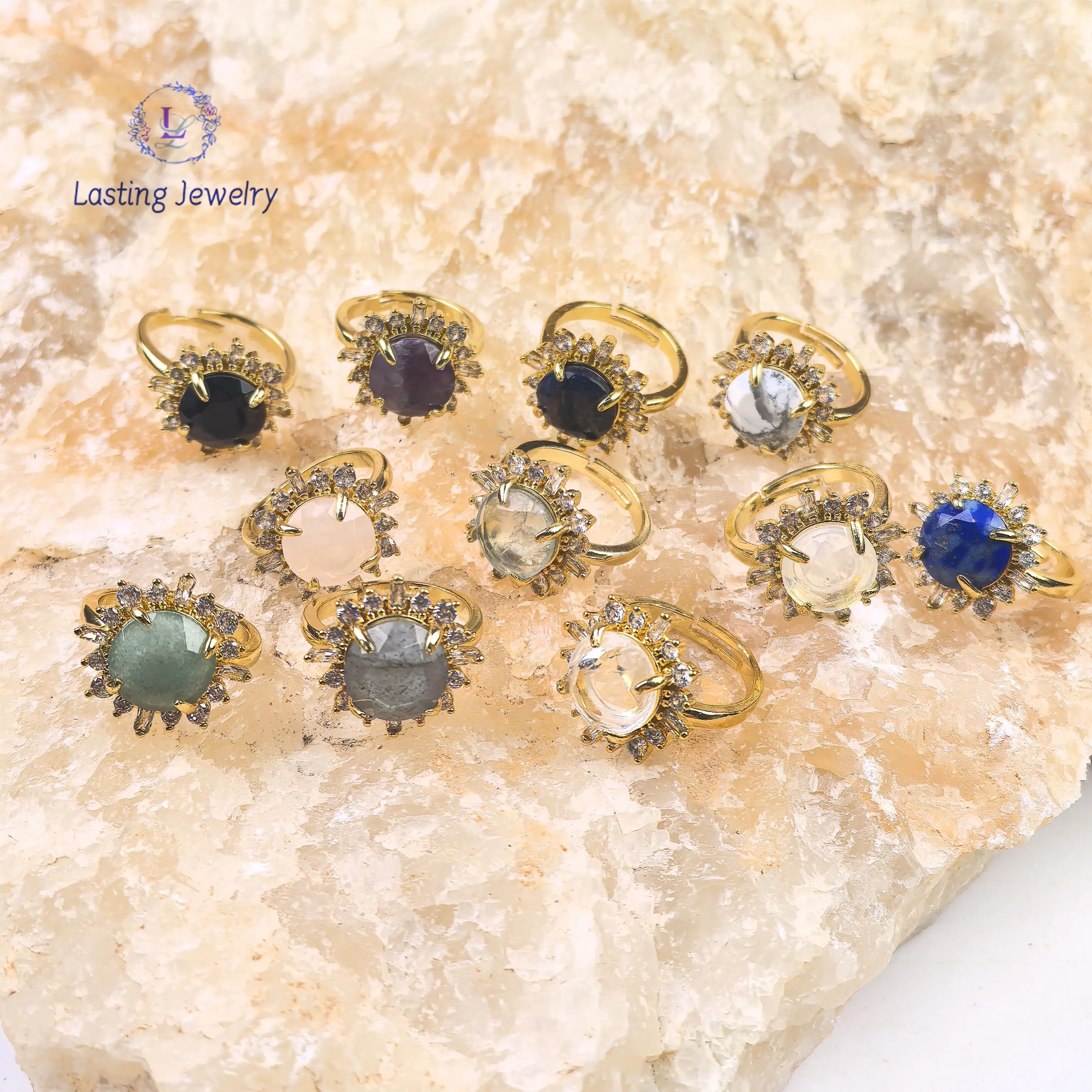 

Natural Stone Sunflower Adjustable Rings,Fluorite Crystal Rose Quartz Tiger eye Lapis Finger Ring Women Fashion Boho Jewelry