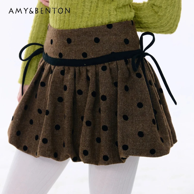 

Autumn Winter New High Waist Slimming Brown Women's Short Skirt American Retro Design Sweet Cute Polka Dot Mini Skirts Ladies