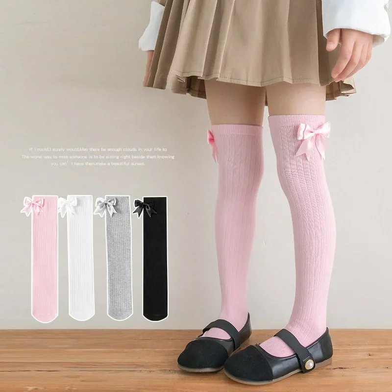 1Pair Soft Knee High Sock for Kids Girl Sweet Koren Fashion Bow Leggings Stocking Sock Cotton Spring Autumn Children School Sock