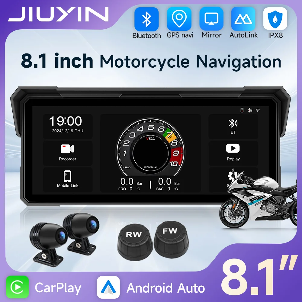 8.1 inch Motorcycle Navigation Screen Wireless CarPlay Android Auto 2K HD IPX8 Waterproof Multimedia Player Recorder Bluetooth