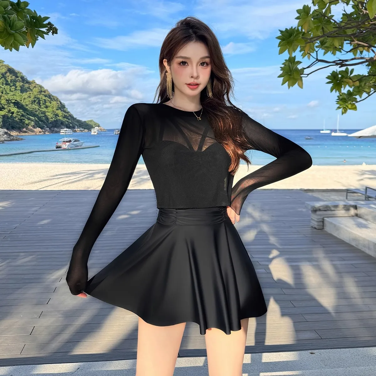 2024 New Women's Swimwear Pure Desire Black One-piece Swimsuit Women's Covered Flesh Skinny Skirt