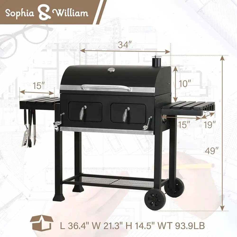 Massive 794 Sq. In. Charcoal BBQ Grill, Durable Outdoor Grill with Dual Charcoal Trays and Foldable Side Tables, Black
