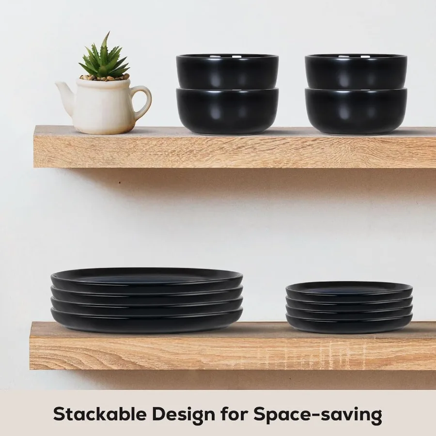 طقم أواني طعام مكون من 16 قطعة لـ 4 أطباق وأطباق من الخزف الحجري مع رقاقة أكواب ومجموعة أطباق مقاومة للخدش مصنوعة يدويًا من الزجاج التفاعلي