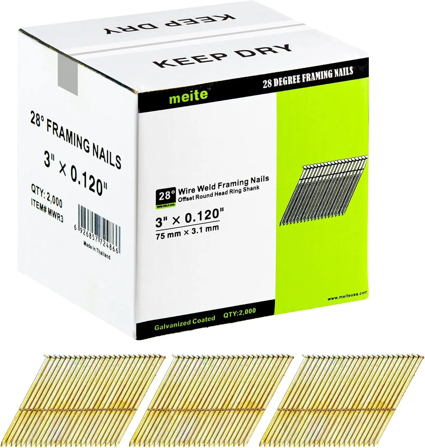 

28 Degree Framing Nails 3 Inch x .120'' Galvanized Wire Weld Collated, Offset Round Head Ring Shank for Framing Nailer, 2000PCS