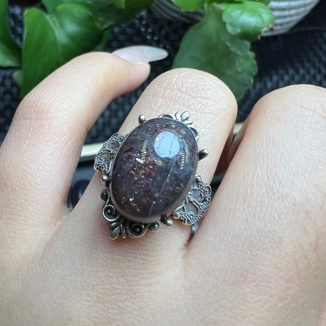 1 Pc Fengbaowu Natural Stone Strawberry Quartz Cordierite Iolite Ring Oval Cabochon 925 Sterling Silver Jewelry Gift