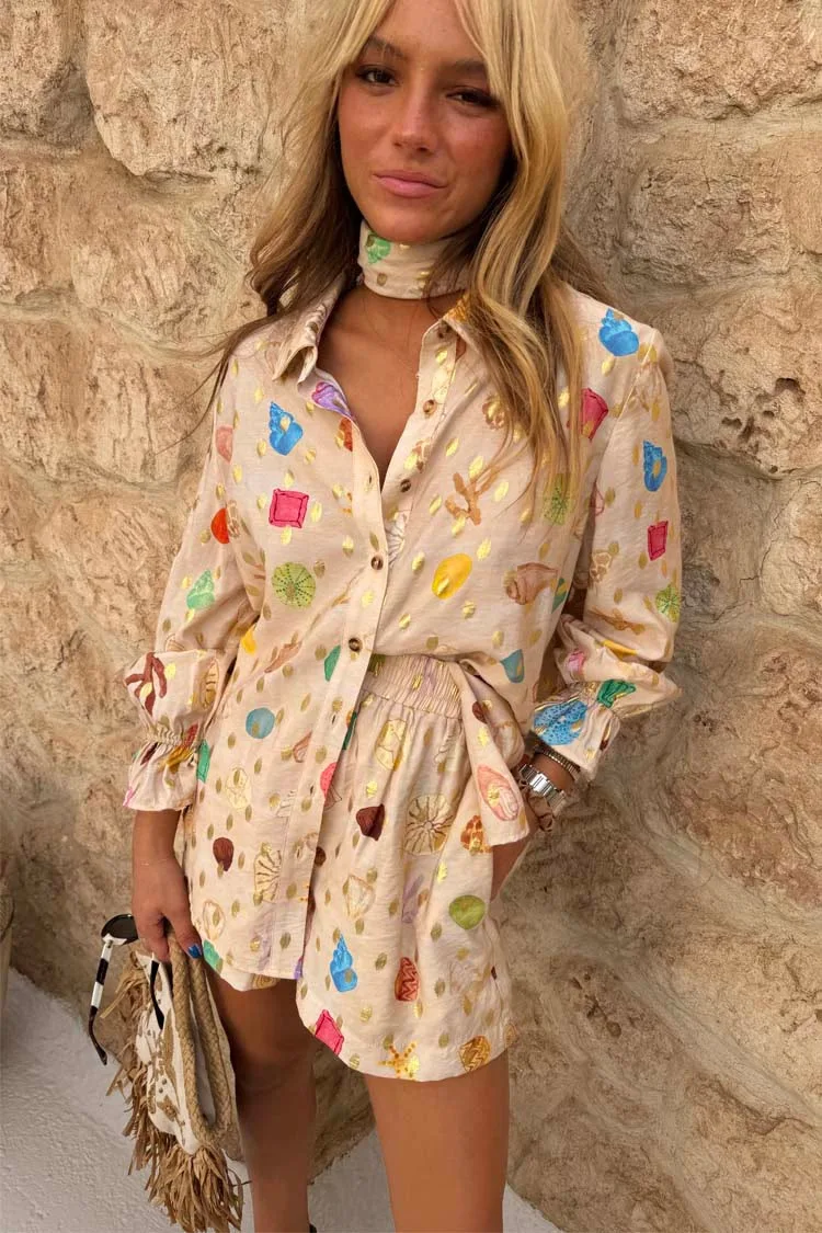 

Fashion Printed 2 Piece Set Loose Lapel Long Sleeve Single Breasted Shirt Elastic Waist Shorts Set Women Casual Vacation Suit