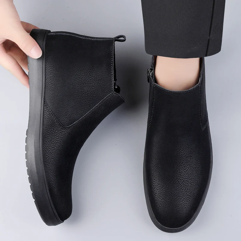 Winter New Velvet Chelsea Men's Boots Luxury Brand Business High Top Shoes Comfortable Flats Bottom Soft Quality Leather Boots
