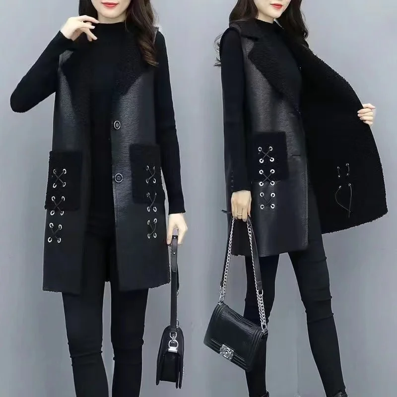 PU Leather Vest Coat Female2024Autumn Winter New Long Waistcoat high-Grade Thick Sleeveless Jacket Women Large Size Overwear Top