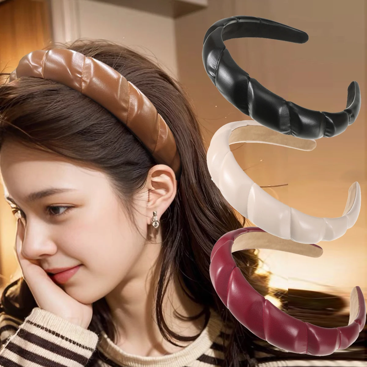 Winter Pu Leather Headbands Women Maillard Khaki Hair Hoops Winter Retro Red Hair Hoops Hair Band Ladies Fashion Accessories