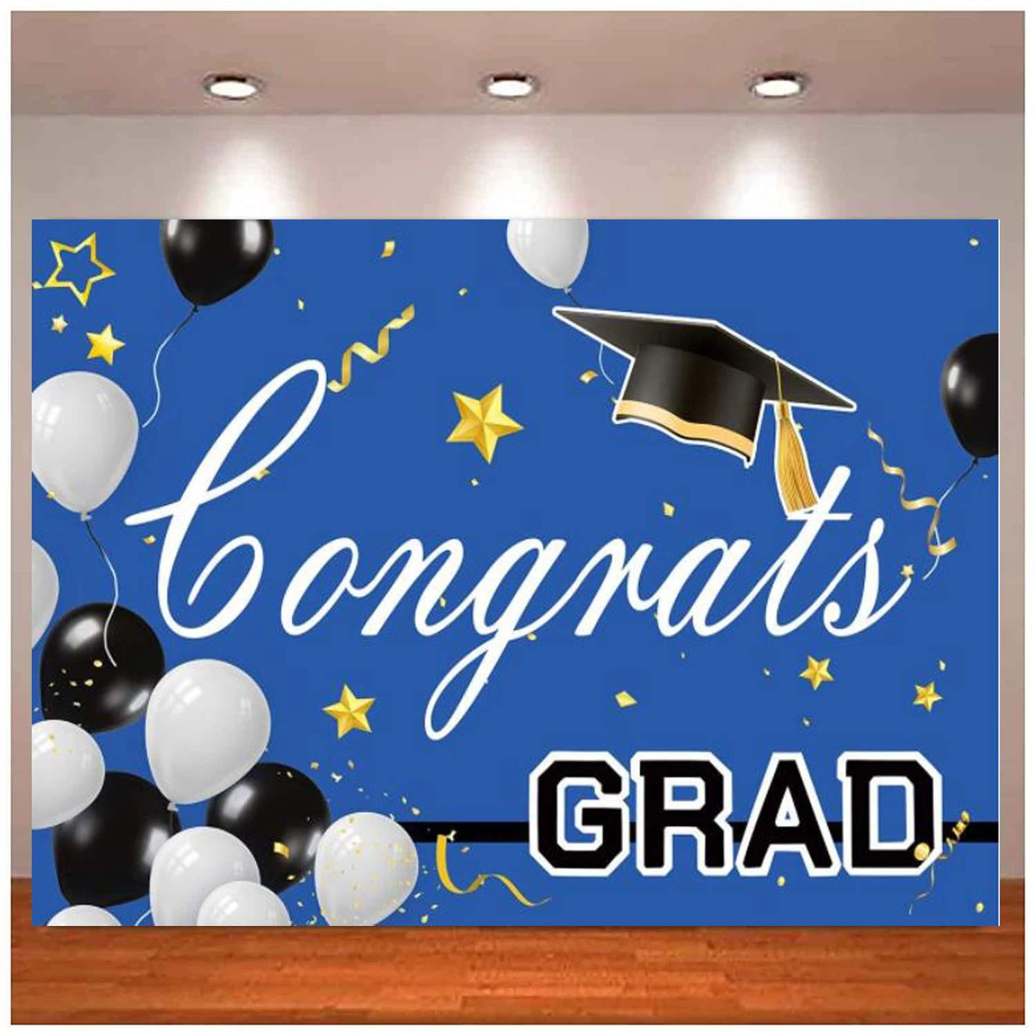 

Class Graduation Banner Black And White Balloon Photography Backdrop Bachelor Cap Grad Congrats Party Photo Background Decor