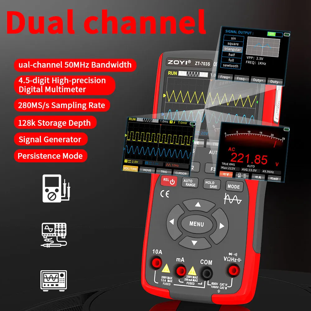 

ZOYI ZT-703S 3 in 1 Handheld Oscilloscope Automotive Dual Channel 50MHz with Digital Multimeter and Signal Generator