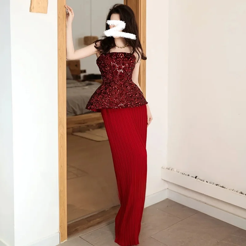 

Red Evening Gown Wedding Dr Bridesmaid Host Ceremony Long Formal Women's Faionable High-waist Zipper Sle Dr