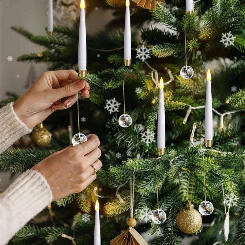 ABMS-Lilin Pendek Meruncing 12 Buah LED Berkedip dengan Remote 0.5" X 6" Lilin Tanpa Api Cahaya Hangat dengan 12 Pengait Bola Kristal