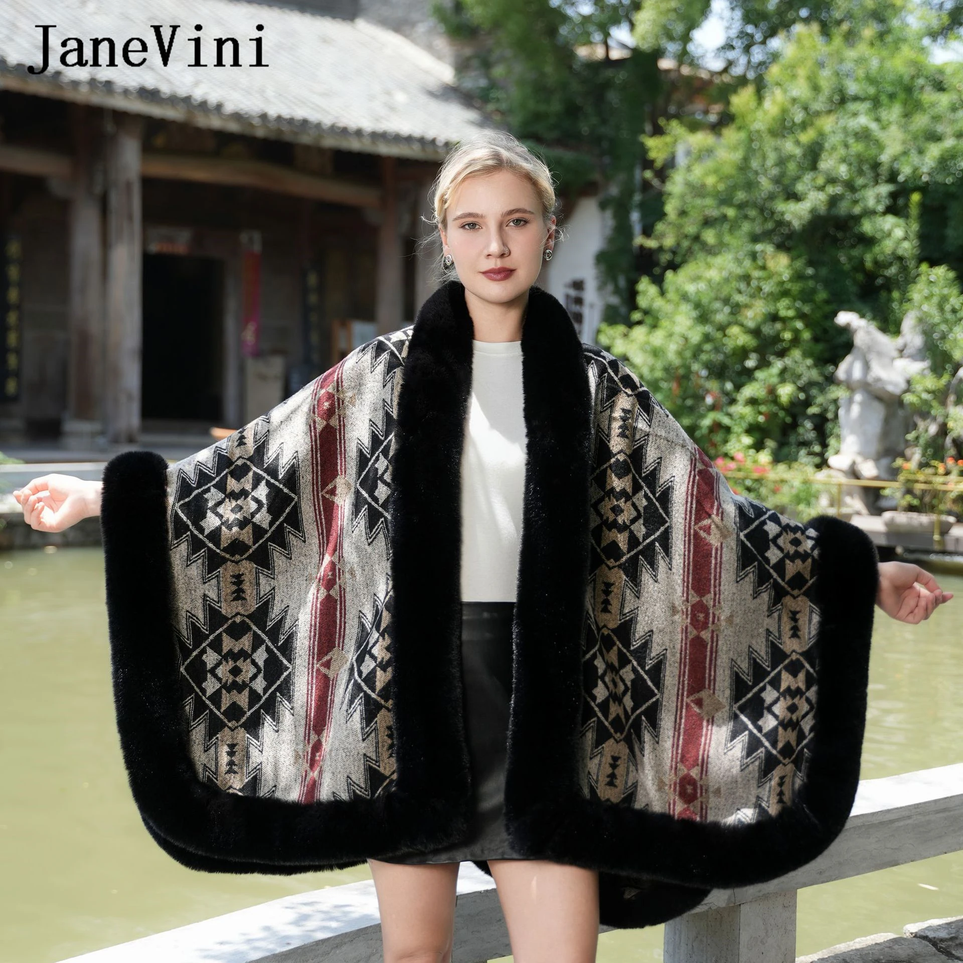 

JaneVini модная шаль больших размеров с меховым палантином, зимнее свадебное болеро для свадьбы, накидка, накидка из искусственного меха, накидка на плечо