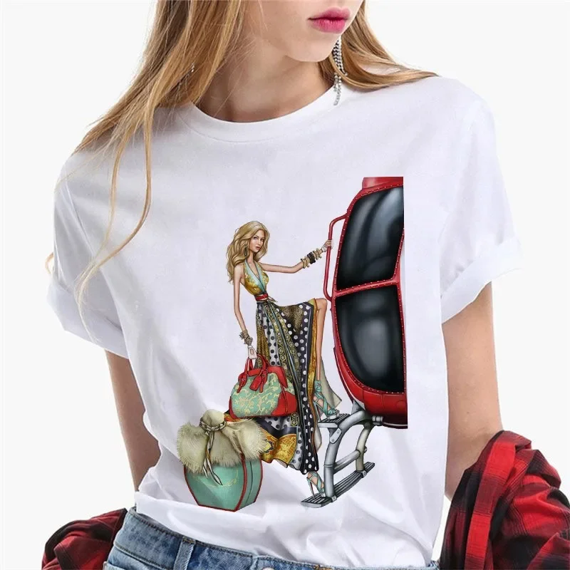 Damskie koszulki graficzne Harajuku Odzież damska Paris Girl Europe and America Fashion Loose Ins White Short-sleeved T-shirt