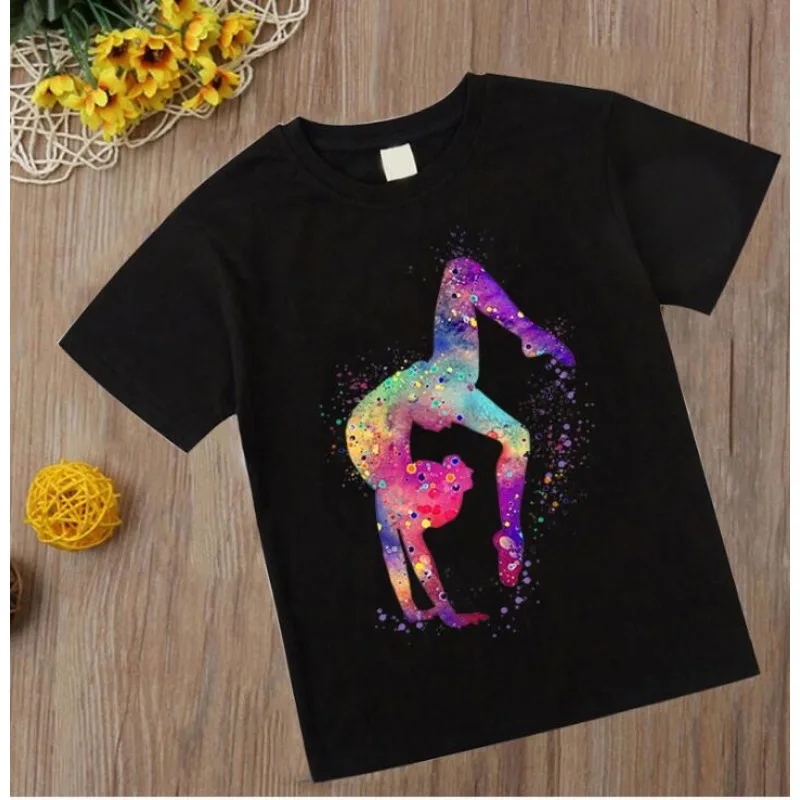 Watercolor Gymnastics T Shirt 2023 Kids Girl Tshirt Gymnastics Art Top Tee Fashion Children ClothesBlack T-shirts Clothes Tee