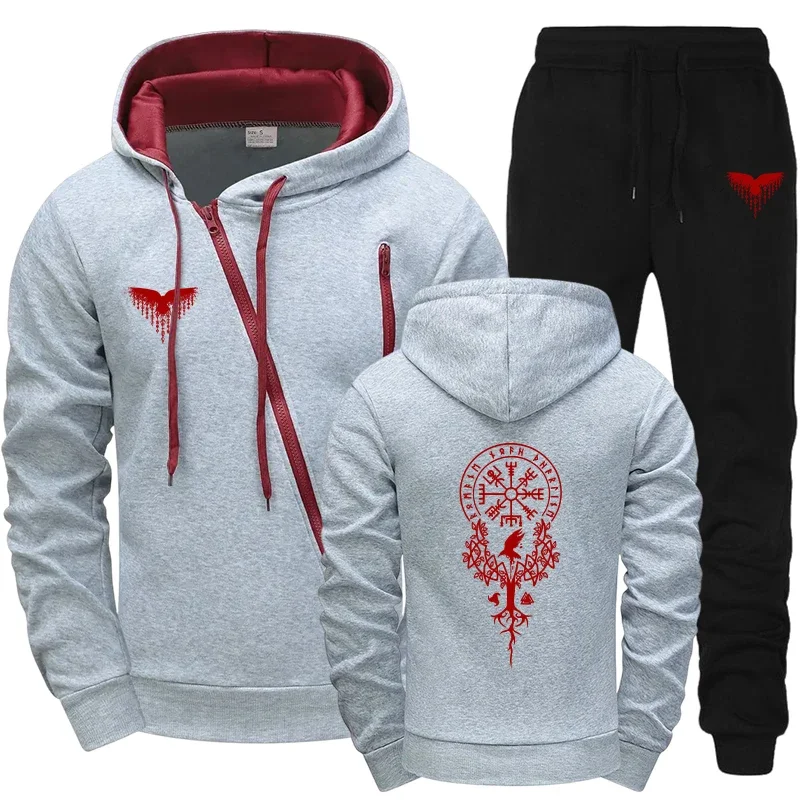Raven Printed Mens Athletic Set Hooded Sweatshirt Pants Autumn Winter Sports Wear Casual Training Suit Motorcycle Zipper Jacket