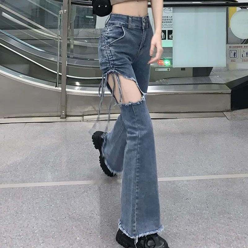 Flare Jeans Women Shirring Ripped Design Chic Trendy High Street Personality All-match Sweet Spicy Girls Spring Popular Trousers