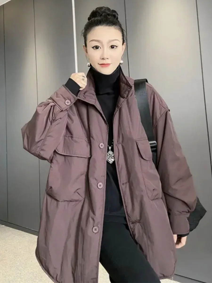 

Винтажная куртка в американском стиле свободного кроя с большими карманами, воротником-стойкой, хлопковое пальто для женщин, зимнее утепленное длинное пальто