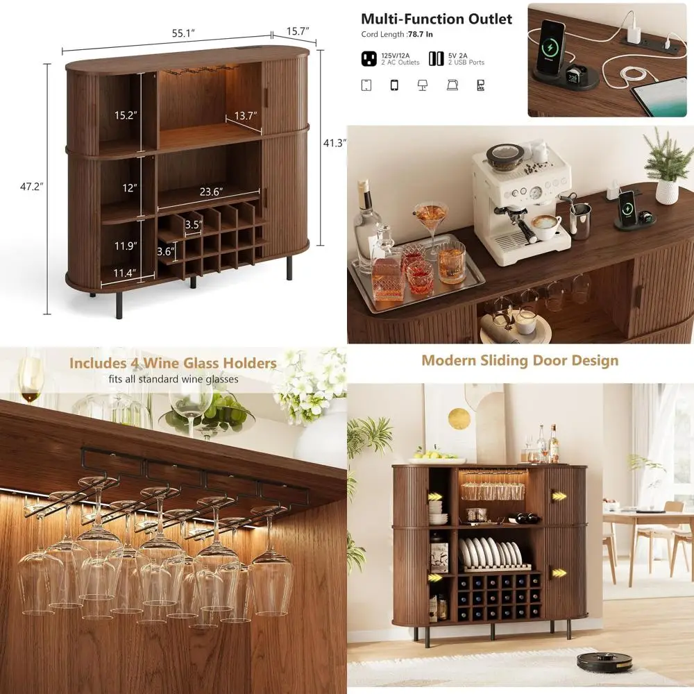 

LED Illuminated 55 Wine & Liquor Cabinet with Coffee Bar and Glass Holder for Home Bar or Kitchen