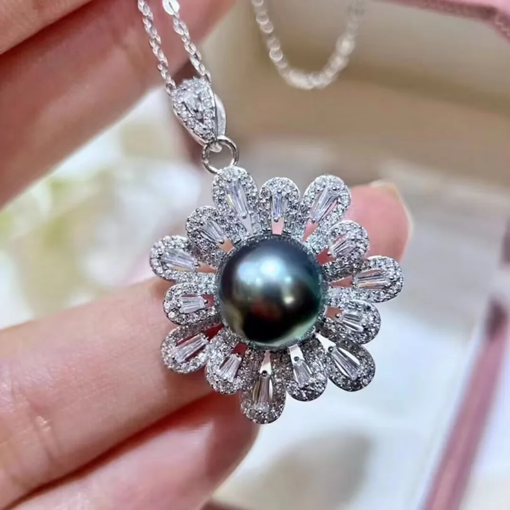 Gorgeous and Beautiful AAAA 9-10mm South Sea Black Round Pearl Necklace Pendant 925s 18inch