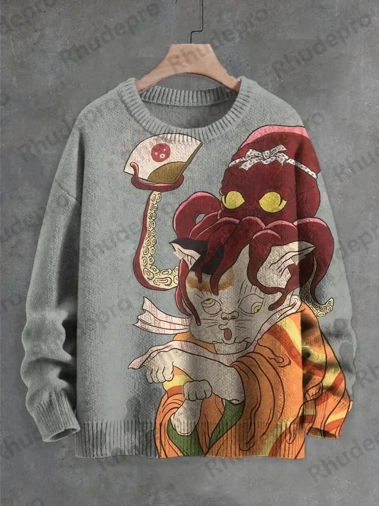 Men's Whale And Fish Linoleum Art Print Knit Sweatshirt Pullover Sweater Women For Men Sweater Roupas Masculinas