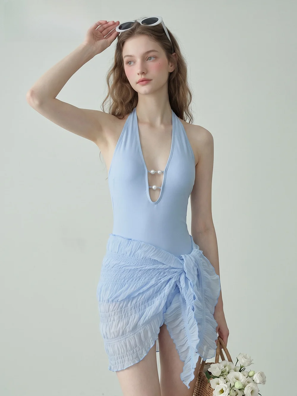 New Ins Style Pure Color Deep V  Swimsuit Two Piece Set Beach Vacation Hot Spring Thermal Casual Swimwear for Women