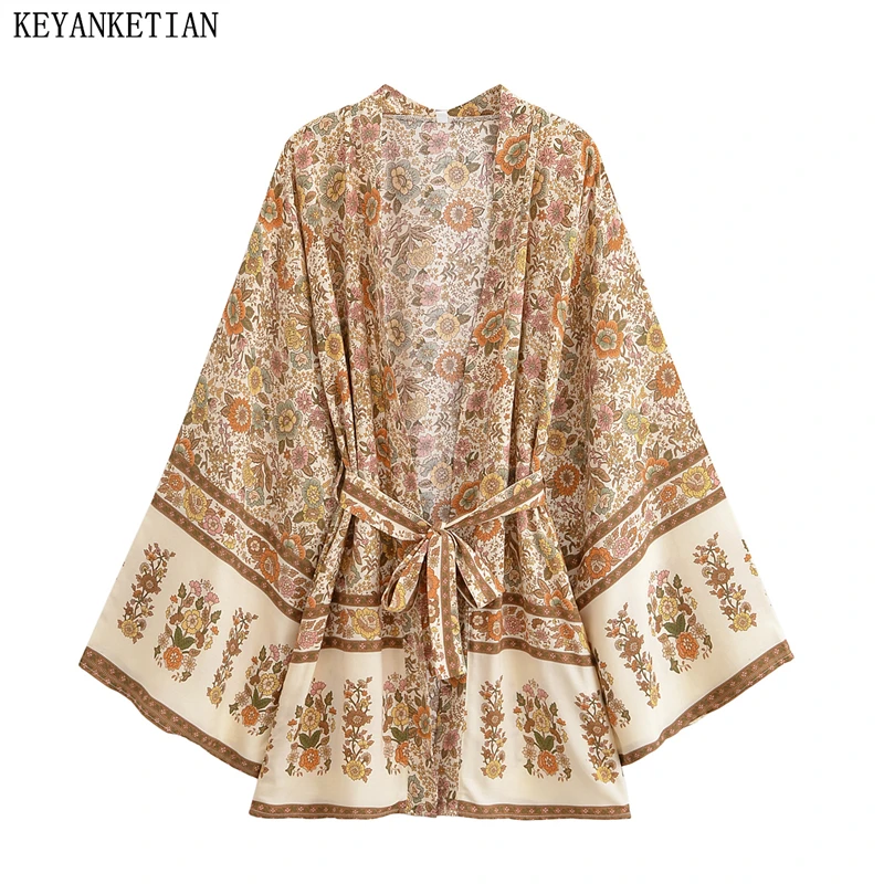 

KEYANKETIAN 2026 New Women's National style Print Viscose Kimono With Belt Flare sleeve Loose Cardigans Retro Beachwear Top