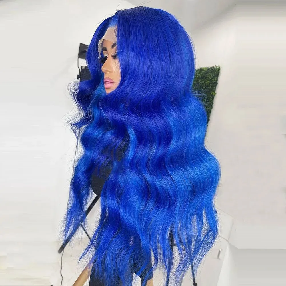 Perruque الأزرق الدانتيل شعر مستعار أمامي طويل موجة المياه الأزرق الداكن الباروكات للنساء السود الاصطناعية الدانتيل الجبهة الباروكات قبل قطعها شعري