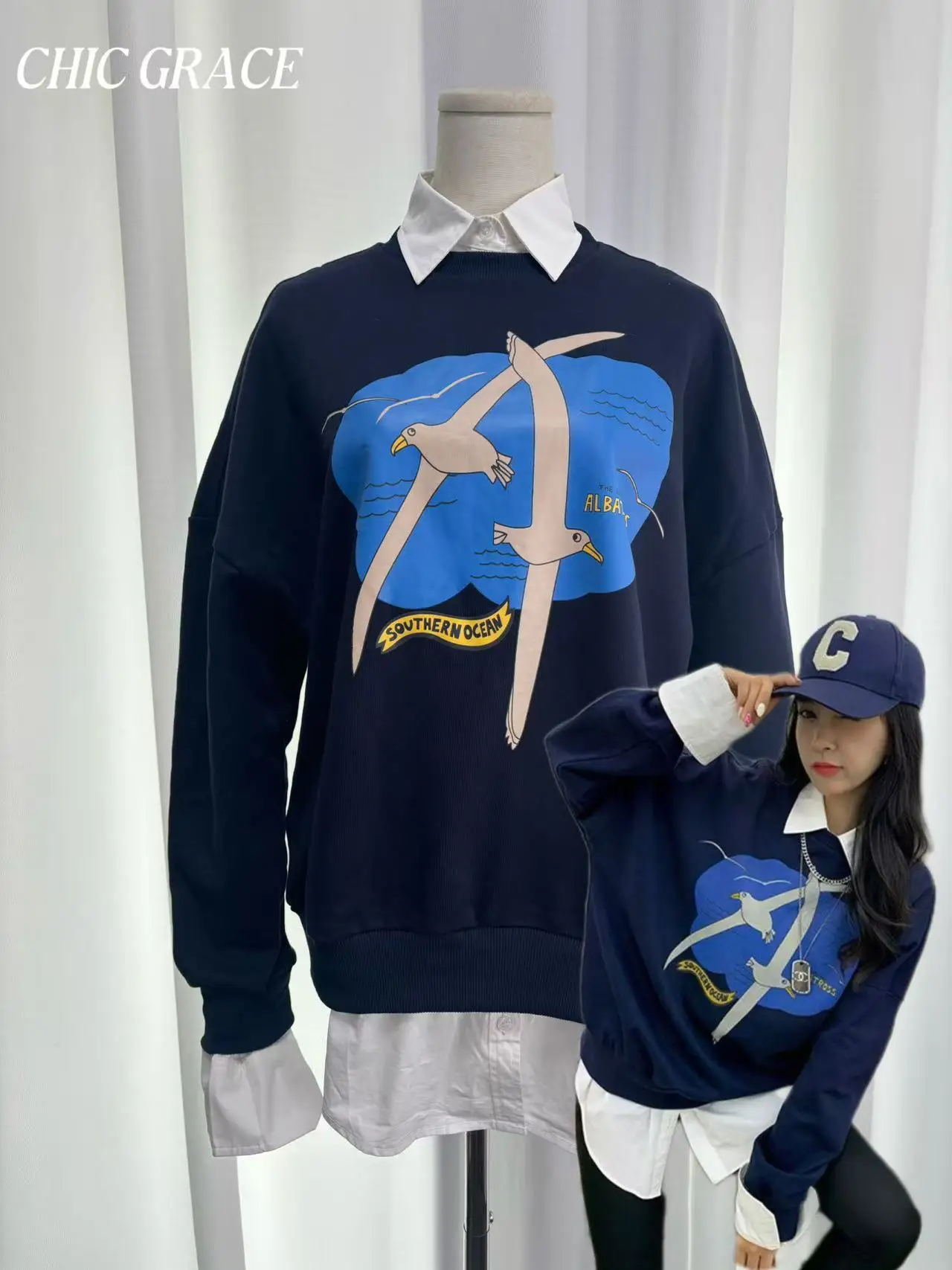 

Twilight Albatross Print Fake Two Piece Lapel Sweatshirt Women Loose Streetwear Versatile Cotton Casual Top Dark Blue