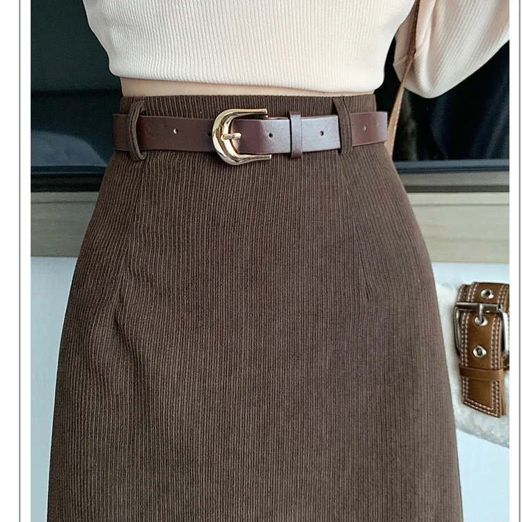 التخسيس سروال قصير ميدي تنورة عالية الخصر Bodycon سميكة سبليت خمر نمط المرأة موضة الخريف الشتاء البوليستر مزيج #4