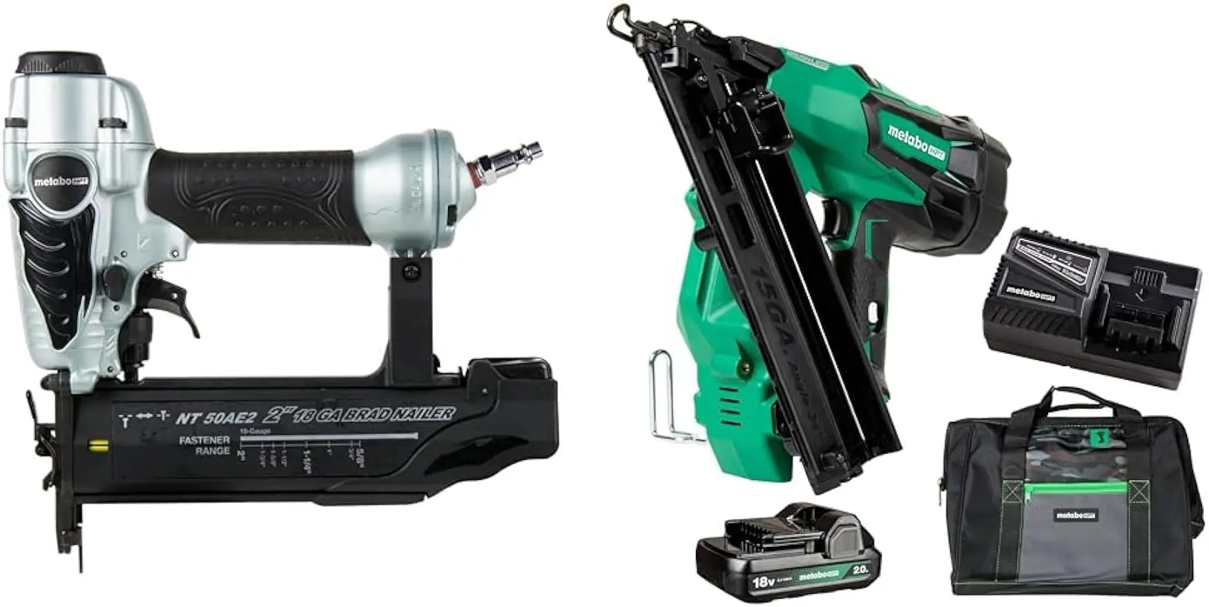 

Bundle of Metabo HPT Brad Nailer Kit | NT50AE2 + Metabo HPT Cordless 18V MultiVolt™ Angled Finish Nailer Kit | 15 Gauge |